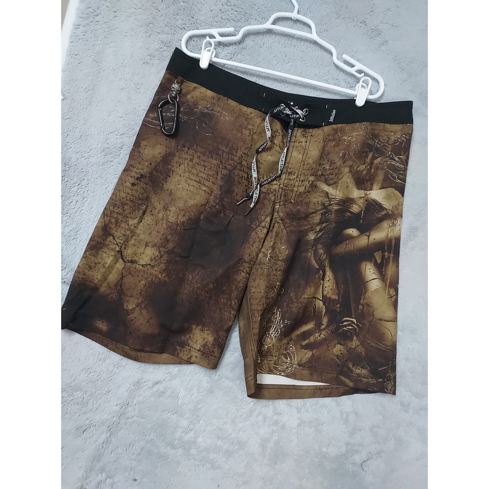 Affliction Board Shorts Mens 38 Graphic Skull Carabiner Brown Black Drawstring